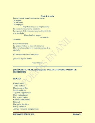 Árbol de la noche
Los árboles de la noche estiran sus ramas
Te atrapan
Te absorben
Te subyugan
             Regodeándose en su propia dadiva
En su interior ríe pues ha triunfado
La espesura de la bruma oscurece cubriendo todo
a su alrededor
               El aire huelle a sangre
                                     A cobardía
A muerte

Los instintos fluyen
La carga espiritual se hace más inmensa
Fluye en el aire el temor el indómito clamor de la
desdicha

(El sufrimiento es solo una parte)

¡¡Silencio alguien habla!!

                             Otra victima



JOSÉ POSETTO M ELA (Participante TALLER LITERARIO PASIÓN DE
              U
ESCRITORES)


HOGAR

Cuándo niño
Techo de tejas
Paredes amarillas
Muchos chicos
Y perros vagabundos
Que custodiaban
Esa era mi casita
Cuando adolescente
Entendí
Por qué más niños
Pan y manteca
Abrigo y mucha comprensión

POEMAS EN AÑIL Nº 138                                     Página 31
 
