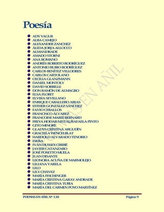 Poesía
     ADY YAGUR
     ALBA CAM JO
              E
     ALEXANDER ZANCHEZ
     ÁLIDA JORJA ALLOCCO
     ALM NDRADE
          A
     AM D STORNI
        A O
     ANA ROM NO
              A
     ANDRÉS ROBERTO RODRÍGUEZ
     ANTONIO RUBIO RODRÍG EZU
     CARLOS BENÍTEZ VILLODRES
     CARLOS CARTOLANO
     CECILIA GLANZM NN
                    A
     DANIEL M NTOLY
              O
     DAVID SORBILLE
     DON RAM N DE ALM GRO
              Ó         A
     ELSA FLORIT
     ELVIRA SEVILLANO
     ENRIQUE CABALLERO ARIAS
     ESTHER GONZÁLEZ SÁNCHEZ
     FAVIO CEBALLOS
     FRANCISCO ÁLVAREZ
     FRANCOISE M RIE BERNARD
                 A
     FREYA HODAR NISTAL/RAFAELA PINTO
     GITO M N RE
            I O
     GLADYS CRISTINA ARGUD N Í
     GRACIELA W NCELBLAT
                E
     HARDOLD ALVARADO TENORIO
     ISKRA
     IVÁN DUSSEX CIRIBÉ
     JAVIER CATANZARO
     JOSÉ POSETTO M ELA
                    U
     JUAN DISANTE
     LEONORA ACUÑ DE M RMOLEJO
                   A      A
     LILIANA VARELA
     LILO
     LILY CHÁVEZ
     M RÍA FISCHINGER
       A
     M RÍA CRISTINA GARAY ANDRADE
       A
     M RÍA CRISTINA TUBIA
       A
     M RÍA DEL CARM N POYO M RTÍNEZ
       A             E         A

POEMAS EN AÑIL Nº 138                   Página 9
 