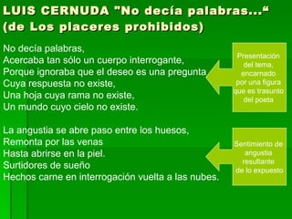 LUIS CERNUDA "No decía palabras...“ (de Los placeres prohibidos) No decía palabras, Acercaba tan sólo un cuerpo interrogante,  Porque ignoraba que el deseo es una pregunta  Cuya respuesta no existe, Una hoja cuya rama no existe,  Un mundo cuyo cielo no existe. La angustia se abre paso entre los huesos,  Remonta por las venas Hasta abrirse en la piel.  Surtidores de sueño  Hechos carne en interrogación vuelta a las nubes. Presentación  del tema,  encarnado  por una figura  que es trasunto  del poeta  Sentimiento de  angustia  resultante  de lo expuesto 