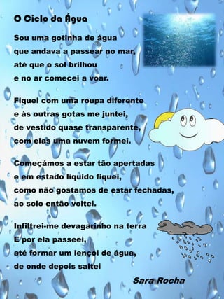 O Ciclo da Água
Sou uma gotinha de água
que andava a passear no mar,
até que o sol brilhou
e no ar comecei a voar.
Fiquei com uma roupa diferente

e às outras gotas me juntei,
de vestido quase transparente,
com elas uma nuvem formei.
Começámos a estar tão apertadas
e em estado líquido fiquei,
como não gostamos de estar fechadas,
ao solo então voltei.

Infiltrei-me devagarinho na terra
E por ela passeei,
até formar um lençol de água,
de onde depois saltei

Sara Rocha

 