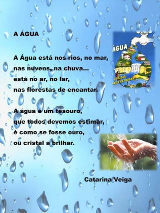 A ÁGUA

A Água está nos rios, no mar,
nas nuvens, na chuva…
está no ar, no lar,
nas florestas de encantar.

A água é um tesouro,
que todos devemos estimar,
é como se fosse ouro,
ou cristal a brilhar.

Catarina Veiga

 