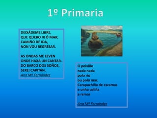 DEIXÁDEME LIBRE,
QUE QUERO IR Ó MAR;
CAMIÑO DE IDA,
NON VOU REGRESAR.
AS ONDAS ME LEVEN
ONDE HAXA UN CANTAR.
DO BARCO DOS SOÑOS,
SEREI CAPITÁN.
Ana Mª Fernández
O peixiño
nada nada
polo río
ou polo mar.
Carapuchiña de escamas
e unha coliña
a remar
Ana Mª Fernández
 