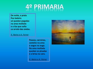 De noite, a praia
fica baleira
só quedan pegadas
na area mollada
e a lúa que soña
co arrolo das ondas.
X. Neira e A. Ferrer
Paseos, carreiras,
castelos na area
e xogos na auga.
Na area mollada
quedan as pisadas
e a brisa na cara.
X. Neira e A. Ferrer
 