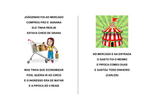 JOÃOZINHO FOI AO MERCADO
COMPROU PÃO E BANANA
ELE TINHA R$30,00
ESTAVA CHEIO DE GRANA
MAS TINHA QUE ECONOMIZAR
POIS, QUERIA IR AO CIRCO
E O INGRESSO ERA DE MATAR
E A PIPOCA SÓ 5 REAIS
NO MERCADO E NA ENTRADA
O GASTO FOI O MESMO
E PIPOCA COMEU DUAS
E GASTOU TODO DINHEIRO
(CARLOS)
 