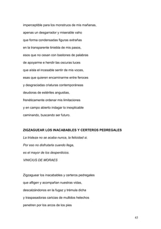 imperceptible para los monstruos de mis mañanas,
apenas un desgarrador y miserable vaho
que forma condensadas figuras extrañas
en la transparente tiniebla de mis pasos,
esos que no cesan con bastones de palabras
de apoyarme e hendir las oscuras luces
que aísla el incesable sentir de mis voces,
esas que quieren encaminarme entre feroces
y desgraciadas criaturas contemporáneas
deudoras de estériles angustias,
frenéticamente ordenar mis limitaciones
y en campo abierto indagar lo inexplicable
caminando, buscando ser futuro.
ZIGZAGUEAR LOS INACABABLES Y CERTEROS PEDREGALES
La tristeza no se acaba nunca, la felicidad si.
Por eso no disfrutarla cuando llega,
es el mayor de los desperdicios.
VINICIUS DE MORAES
Zigzaguear los inacabables y certeros pedregales
que afligen y acompañan nuestras vidas,
descalzándonos en la fugaz y trémula dicha
y traspasadoras caricias de mullidos helechos
penetren por los arcos de los pies
43
 