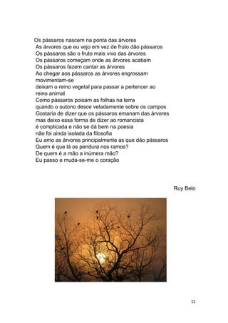 15
Os pássaros nascem na ponta das árvores
As árvores que eu vejo em vez de fruto dão pássaros
Os pássaros são o fruto mais vivo das árvores
Os pássaros começam onde as árvores acabam
Os pássaros fazem cantar as árvores
Ao chegar aos pássaros as árvores engrossam
movimentam-se
deixam o reino vegetal para passar a pertencer ao
reino animal
Como pássaros poisam as folhas na terra
quando o outono desce veladamente sobre os campos
Gostaria de dizer que os pássaros emanam das árvores
mas deixo essa forma de dizer ao romancista
é complicada e não se dá bem na poesia
não foi ainda isolada da filosofia
Eu amo as árvores principalmente as que dão pássaros
Quem é que lá os pendura nos ramos?
De quem é a mão a inúmera mão?
Eu passo e muda-se-me o coração
Ruy Belo
 