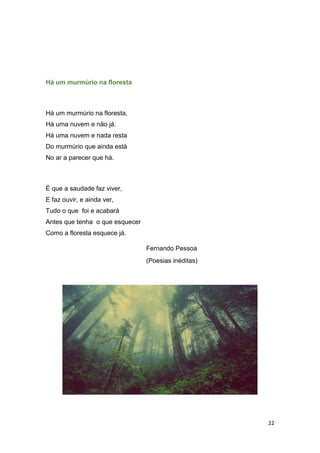 22
Há um murmúrio na floresta
Há um murmúrio na floresta,
Há uma nuvem e não já.
Há uma nuvem e nada resta
Do murmúrio que ainda está
No ar a parecer que há.
É que a saudade faz viver,
E faz ouvir, e ainda ver,
Tudo o que foi e acabará
Antes que tenha o que esquecer
Como a floresta esquece já.
Fernando Pessoa
(Poesias inéditas)
 