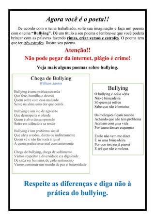 LENDO E PRODUZINDO POEMAS SOBRE OS MALEFÍCIOS DO BULLYING . | PDF