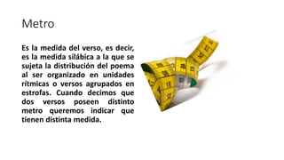Metro
Es la medida del verso, es decir,
es la medida silábica a la que se
sujeta la distribución del poema
al ser organizado en unidades
rítmicas o versos agrupados en
estrofas. Cuando decimos que
dos versos poseen distinto
metro queremos indicar que
tienen distinta medida.
 