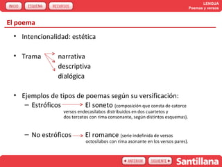 LENGUA
                                                                                    Poemas y versos



El poema
 • Intencionalidad: estética

 • Trama          narrativa
                  descriptiva
                  dialógica

 • Ejemplos de tipos de poemas según su versificación:
    – Estróficos        El soneto (composición que consta de catorce
                    versos endecasílabos distribuidos en dos cuartetos y
                    dos tercetos con rima consonante, según distintos esquemas).


     – No estróficos          El romance (serie indefinida de versos
                              octosílabos con rima asonante en los versos pares).
 