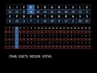 L        I       F       E       Y        O        U        R         S    S        L        E
    12       11       8       4       24       14       23       16       18   19       13        5
     E       P        D       E       A         T       H        G        R    A         S        S
     6       15       3       7        1       22       10        9       17    2       20       21

1   2    3   4    5   6   7   8   9   10 11 12 13 14 15 16 17 18 19 20 21 22 23 24
d   e    c   i    p   h   e   r   i    n   g    i   s    i   n    m   y    o   p    i   n    i   o    n
o   n    e   o    f   t   h   e   m    o   s    t   f    a   s    c   i    n   a    t   i    n   g    o
f   a    r   t    s   a   n   d   i    f   e    a   r    i   h    a   v    e   w   a    s    t   e    d
u   p    o   n    i   t   m   o   r    e   t    i   m    e   t    h   a    n   i    t   d    e   s    e
r   v    e   s    c   h   a   r   l    e   s    b   a    b   b    a   g    e   q   x    w    y   z    a




    ITAIB GSETS REDOR IOTNS
 