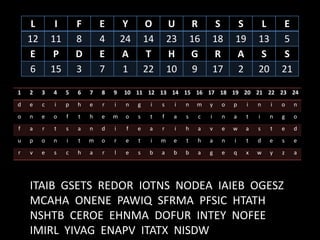 L        I       F       E       Y        O        U        R         S    S        L        E
    12       11       8       4       24       14       23       16       18   19       13        5
     E       P        D       E       A         T       H        G        R    A         S        S
     6       15       3       7        1       22       10        9       17    2       20       21

1   2    3   4    5   6   7   8   9   10 11 12 13 14 15 16 17 18 19 20 21 22 23 24
d   e    c   i    p   h   e   r   i    n   g    i   s    i   n    m   y    o   p    i   n    i   o    n
o   n    e   o    f   t   h   e   m    o   s    t   f    a   s    c   i    n   a    t   i    n   g    o
f   a    r   t    s   a   n   d   i    f   e    a   r    i   h    a   v    e   w   a    s    t   e    d
u   p    o   n    i   t   m   o   r    e   t    i   m    e   t    h   a    n   i    t   d    e   s    e
r   v    e   s    c   h   a   r   l    e   s    b   a    b   b    a   g    e   q   x    w    y   z    a




    ITAIB GSETS REDOR IOTNS NODEA IAIEB OGESZ
    MCAHA ONENE PAWIQ SFRMA PFSIC HTATH
    NSHTB CEROE EHNMA DOFUR INTEY NOFEE
    IMIRL YIVAG ENAPV ITATX NISDW
 