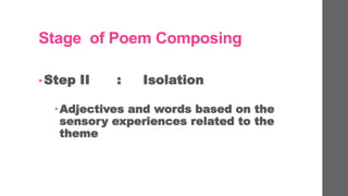 Stage of Poem Composing
? Step II : Isolation
?Adjectives and words based on the
sensory experiences related to the
theme
 