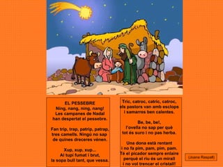 EL PESSEBRE Ning, nang, ning, nang! Les campanes de Nadal han despertat el pessebre. Fan trip, trap, patrip, patrap, tres camells. Ningú no sap  de quines dreceres vénen. Xup, xup, xup... Al tupí fumat i brut, la sopa bull tant, que vessa. Tric, catroc, catric, catroc, els pastors van amb esclops i samarres ben calentes. Be, be, be!, l’ovella no sap per què tot és suro i no pas herba. Una dona està rentant i no fa pim, pam, pim, pam. Té el picador sempre enlaire perquè el riu és un mirall i no vol trencar el cristall! (Joana Raspall) 