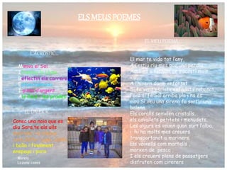 ELS MEUS POEMES
ELS MEUS POEMES
L’ACRÒSTIC...
Mimva el Sol ,
Il·lumina la Lluna,
Reflectin els carrers
Entussiasmada
I pinta d’argent
Als llacs i les prades
EL LIMERIK...
Conec una noia que es
diu Sara,te els ulls
marrons i la blanca
cara.Salta i juga, canta
i balla i finalment
enspega i para
EL MEU POEMA
El mar te vida tot l’any,
A l’estiu riu mes que una perdiu,
Acollint a tothom qe s’acosti molt
viu,
A l’hivern dorm enfonsat
Si fa vent esclata enfadat i rebotat,
Pero si fa Sol arriba pla i no es
mou.Si veu una sirena fa sortir una
balena.
Els coralls semvlen cristalls,
els cavallets petitets i menudets,
Les algurs es veuen quan surt l’alba,
i hi ha molts mes creuers
transportanat a mariners.
Els vaixells com martells ,
marxen de pesca ,
I els creuers plens de passatgers
disfruten com cirerers
Mireia
Lozano cases
 
