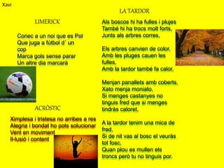 Ximplesa i tristesa no arribes a res
Alegria i bondat ho pots solucionar
Vent en moviment
Il-lusió i content
Conec a un noi que es Pol
Que juga a fútbol d´ un
cop
Marca gols sense parar
Un altre dia marcarà
Als boscos hi ha fulles i plujes
També hi ha trocs molt forts,
Junts als arbres corres,
Els arbres canvien de color,
Amb les pluges cauen les
fulles,
Amb la tardor també fa calor,
Menjan panallets amb coberts,
Xato menja moniato,
Si menges castanyes no
tinguis fred que si menges
tindràs caloret,
A la tardor tenim una mica de
fred,
Si de nit vas al bosc el veuràs
tot fosc,
Quan plou es mullen els
troncs però tu no tinguis por.
LA TARDOR
LIMERICK
ACRÒSTIC
Xavi
 