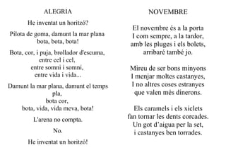 ALEGRIA                            NOVEMBRE
       He inventat un horitzó?
                                           El novembre és a la porta
Pilota de goma, damunt la mar plana        I com sempre, a la tardor,
           bota, bota, bota!              amb les pluges i els bolets,
Bota, cor, i puja, brollador d'escuma,         arribaré també jo.
             entre cel i cel,
        entre somni i somni,             Mireu de ser bons minyons
          entre vida i vida...           I menjar moltes castanyes,
Damunt la mar plana, damunt el temps     I no altres coses estranyes
                 pla,                      que valen més dinerons.
             bota cor,
    bota, vida, vida meva, bota!           Els caramels i els xiclets
         L'arena no compta.              fan tornar les dents corcades.
                                           Un got d’aigua per la set,
                 No.                       i castanyes ben torrades.
       He inventat un horitzó!
 