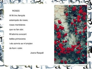 ROSES
Al llit tinc llençols
estampats de roses;
roses mentideres
que no fan olor.
M’adormo evocant
belles primaveres
i els somnis se m’omplen
de llum i color.
Joana Raspall
 