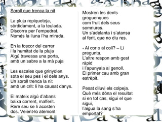 Soroll que trenca la nit
La pluja repiqueteja,
sòrdidament, a la teulada.
Discorre per l’empedrat.
Només la lluna l’ha mirada.
En la foscor del carrer
i la humitat de la pluja
Algú travessa una porta,
amb un sabre a la mà puja
Les escales que grinyolen
sota el seu pes i el dels anys.
Un soroll trenca la nit
amb un crit: li ha causat danys.
El mateix algú d’abans
baixa corrent, malferit.
Rere seu se li acosten
dos. Veient-lo atemorit
Mostren les dents
groguenques
com fruit dels seus
somriures.
Un s’adelanta i s’atansa
al ferit, que no diu res.
- Al cor o al coll? – Li
pregunta.
L’altre respon amb gest
ràpid
i l’apunyala al genoll.
El primer cau amb gran
estrèpit.
Pesat diluvi els colpeja.
Què més dóna el resultat
si en tot cas, sigui el que
sigui,
l’aigua la sang s’ha
emportat?
 