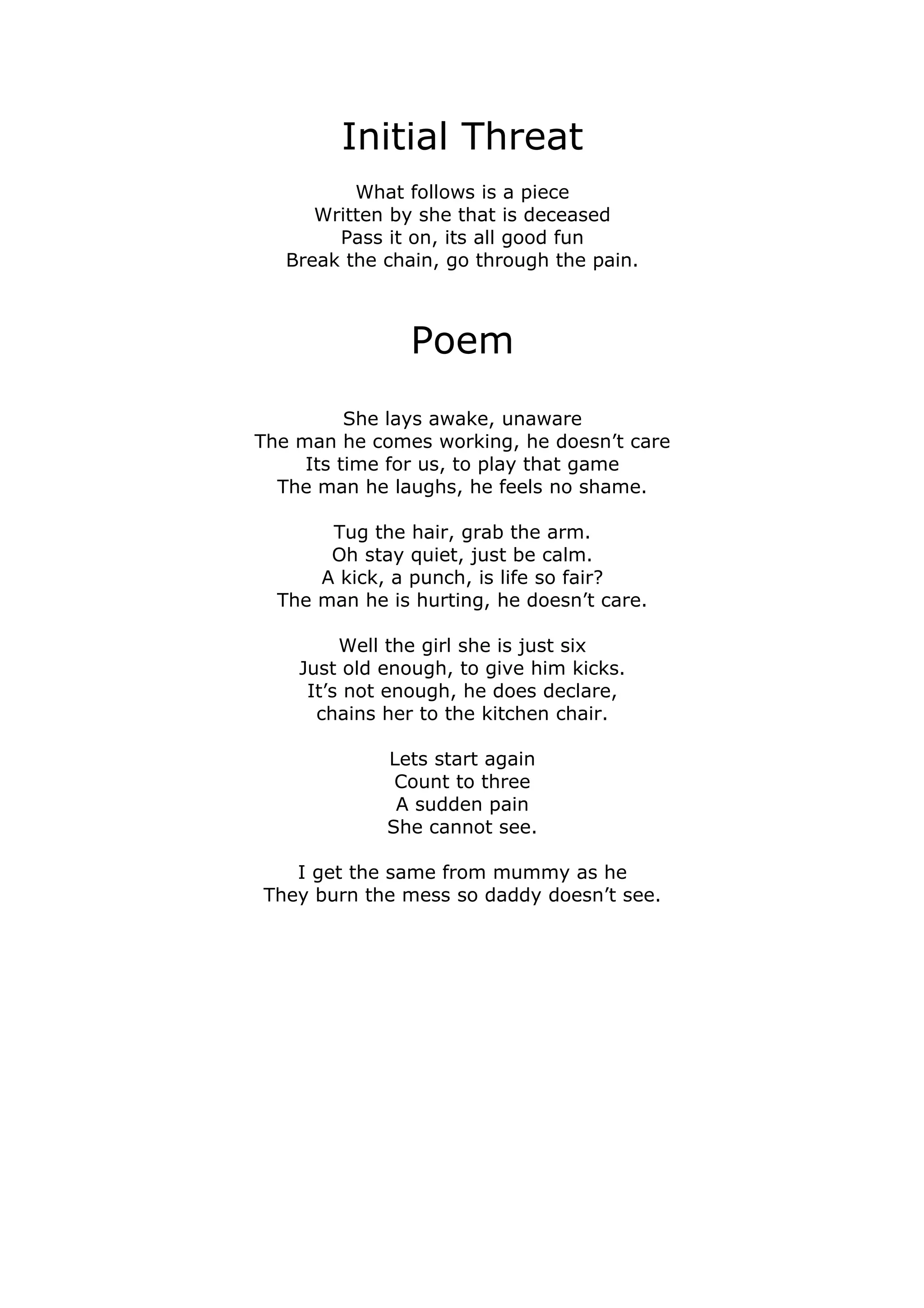 Initial Threat
What follows is a piece
Written by she that is deceased
Pass it on, its all good fun
Break the chain, go through the pain.
Poem
She lays awake, unaware
The man he comes working, he doesn’t care
Its time for us, to play that game
The man he laughs, he feels no shame.
Tug the hair, grab the arm.
Oh stay quiet, just be calm.
A kick, a punch, is life so fair?
The man he is hurting, he doesn’t care.
Well the girl she is just six
Just old enough, to give him kicks.
It’s not enough, he does declare,
chains her to the kitchen chair.
Lets start again
Count to three
A sudden pain
She cannot see.
I get the same from mummy as he
They burn the mess so daddy doesn’t see.