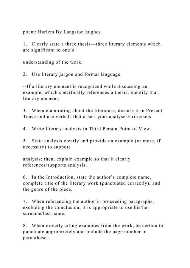 poem Harlem By Langston hughes1. Clearly state a three thesis PDF