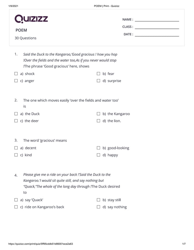 ENGLISH Poem quizizz PDF