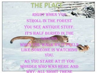 THE PLACERight when you Stroll in the forestYou see antique stuff.It’s half buried in the ground.When you walk by it feels like someone is watching you.As you stare at it you wonder who was here and why. All night these questions repeat in your head:Who?How?Why?And When? 