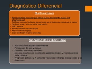 Diagnóstico Diferencial
Miastenia Gravis
• Por la debilidad muscular que refiere el pcte. Inicio tardío mayor a 40
años(hombres)
• Debilidad muscular fluctuante que aumenta con el esfuerzo y mejora con el reposo
• Debilidad ocular , síntoma inicial mas común.
• TIMO anormal
• Afecta trasmisión neuromuscular
• Alteración Postsináptica
• existe afectación de pares craneales
Síndrome de Guillain Barré
• Polirradiculoneuropatía diesmilizante
• Parestesias de pies y manos
• Debilidad muscular y arreflexia
• presenta insuficiencia respiratoria gastrointestinales y implica parálisis
facial bifásica
• Progresión del caso 2-4 semanas y después comienza a recuperarse a las
6 semanas
 