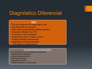 Diagnóstico Diferencial
CIPD
• Pico de incidencia 5-6 etapa de la vida
• Más frecuente en varones
• Debe tener antecedentes sépticos previos
• Descartar infección por VIH
• Evolución en forma gradual
• Isntauracion lenta y cuadro crónico
• Puede presentar recurrencias
• Responde a cortico esteroides
• LCR similar al Guillain barre
Síndrome de Eaton-Lambert (SEL)
• Es causado por una neoplasia en el pulmón
• Alteración Pre Sinaptica
• Ataca canales de calcio
• Síntomas bulbares
• Sequedad en boca
• Reflejos abolidos y disminuidos
 