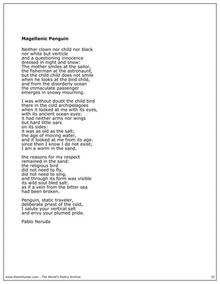 www.PoemHunter.com - The World's Poetry Archive 32
Magellanic Penguin
Neither clown nor child nor black
nor white but verticle
and a questioning innocence
dressed in night and snow:
The mother smiles at the sailor,
the fisherman at the astronaunt,
but the child child does not smile
when he looks at the bird child,
and from the disorderly ocean
the immaculate passenger
emerges in snowy mourning.
I was without doubt the child bird
there in the cold archipelagoes
when it looked at me with its eyes,
with its ancient ocean eyes:
it had neither arms nor wings
but hard little oars
on its sides:
it was as old as the salt;
the age of moving water,
and it looked at me from its age:
since then I know I do not exist;
I am a worm in the sand.
the reasons for my respect
remained in the sand:
the religious bird
did not need to fly,
did not need to sing,
and through its form was visible
its wild soul bled salt:
as if a vein from the bitter sea
had been broken.
Penguin, static traveler,
deliberate priest of the cold,
I salute your vertical salt
and envy your plumed pride.
Pablo Neruda
 