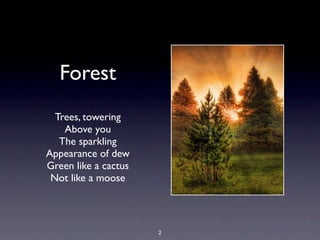 Forest
  Trees, towering
    Above you
   The sparkling
Appearance of dew
Green like a cactus
 Not like a moose




                      2
 