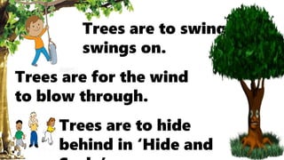 Trees are to hide
behind in ‘Hide and
Trees are to swing
swings on.
Trees are for the wind
to blow through.