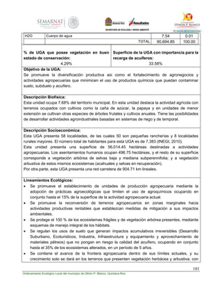 101
Ordenamiento Ecológico Local del municipio de Othón P. Blanco, Quintana Roo
H2O Cuerpo de agua 7.54 0.01
TOTAL 90,694.85 100.00
% de UGA que posee vegetación en buen
estado de conservación:
4.29%
Superficie de la UGA con importancia para la
recarga de acuíferos:
33.58%
Objetivo de la UGA:
Se promueve la diversificación productiva asi como el fortalecimiento de agronegocios y
actividades agropecuarias que minimicen el uso de productos químicos que puedan contaminar
suelo, subduelo y acuífero.
Descripción Biofísica:
Esta unidad ocupa 7.68% del territorio municipal, En esta unidad destaca la actividad agrícola con
terrenos ocupados con cultivos como la caña de azúcar, la papaya y en unidades de menor
extensión se cultivan otras especies de árboles frutales y cultivos anuales. Tiene las posibilidades
de desarrollar actividades agroindustriales basadas en sistemas de riego y de temporal.
Descripción Socioeconómica:
Esta UGA presenta 58 localidades, de las cuales 50 son pequeñas rancherías y 8 localidades
rurales mayores. El número total de habitantes para esta UGA es de 7,383 (INEGI, 2010).
Esta unidad presenta una superficie de 56,014.45 hectáreas destinadas a actividades
agropecuarias. Los asentamientos humanos ocupan 496.75 hectáreas, y el resto de su superficie
corresponde a vegetación arbórea de selvas baja y mediana subperennifolia; y a vegetación
arbustiva de estos mismos ecosistemas (acahuales y selvas en recuperación).
Por otra parte, esta UGA presenta una red carretera de 904.71 km lineales.
Lineamientos Ecológicos:
 Se promueve el establecimiento de unidades de producción agropecuaria mediante la
adopción de prácticas agroecológicas que limiten el uso de agroquímicos ocupando en
conjunto hasta el 15% de la superficie de la actividad agropecuaria actual.
 Se promueve la reconversión de terrenos agropecuarios en zonas marginales hacia
actividades productivas rentables que establezcan medidas de mitigación a sus impactos
ambientales.
 Se protege el 100 % de los ecosistemas frágiles y de vegetación arbórea presentes, mediante
esquemas de manejo integral de los hábitats.
 Se regulan los usos de suelo que generan impactos acumulativos irreversibles (Desarrollo
Suburbano, Ecoturisticos, Industria, Infraestructura y equipamiento y aprovechamiento de
materiales pétreos) que no pongan en riesgo la calidad del acuífero, ocupando en conjunto
hasta el 35% de los ecosistemas alterados, en un período de 5 años.
 Se contiene el avance de la frontera agropecuaria dentro de sus límites actuales, y su
crecimiento solo se dará en los terrenos que presenten vegetación herbácea y arbustiva; con
 
