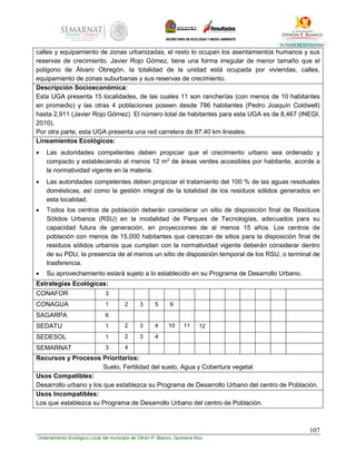 107
Ordenamiento Ecológico Local del municipio de Othón P. Blanco, Quintana Roo
calles y equipamiento de zonas urbanizadas, el resto lo ocupan los asentamientos humanos y sus
reservas de crecimiento. Javier Rojo Gómez, tiene una forma irregular de menor tamaño que el
polígono de Álvaro Obregón, la totalidad de la unidad está ocupada por viviendas, calles,
equipamiento de zonas suburbanas y sus reservas de crecimiento.
Descripción Socioeconómica:
Esta UGA presenta 15 localidades, de las cuales 11 son rancherías (con menos de 10 habitantes
en promedio) y las otras 4 poblaciones poseen desde 786 habitantes (Pedro Joaquín Coldwell)
hasta 2,911 (Javier Rojo Gómez) El número total de habitantes para esta UGA es de 8,467 (INEGI,
2010).
Por otra parte, esta UGA presenta una red carretera de 87.40 km lineales.
Lineamientos Ecológicos:
 Las autoridades competentes deben propiciar que el crecimiento urbano sea ordenado y
compacto y estableciendo al menos 12 m2
de áreas verdes accesibles por habitante, acorde a
la normatividad vigente en la materia.
 Las autoridades competentes deben propiciar el tratamiento del 100 % de las aguas residuales
domésticas, así como la gestión integral de la totalidad de los residuos sólidos generados en
esta localidad.
 Todos los centros de población deberán considerar un sitio de disposición final de Residuos
Sólidos Urbanos (RSU) en la modalidad de Parques de Tecnologías, adecuados para su
capacidad futura de generación, en proyecciones de al menos 15 años. Los centros de
población con menos de 15,000 habitantes que carezcan de sitios para la disposición final de
residuos sólidos urbanos que cumplan con la normatividad vigente deberán considerar dentro
de su PDU, la presencia de al menos un sitio de disposición temporal de los RSU, o terminal de
trasferencia.
 Su aprovechamiento estará sujeto a lo establecido en su Programa de Desarrollo Urbano.
Estrategias Ecológicas:
CONAFOR 3
CONAGUA 1 2 3 5 6
SAGARPA 6
SEDATU 1 2 3 4 10 11 12
SEDESOL 1 2 3 4
SEMARNAT 3 4
Recursos y Procesos Prioritarios:
Suelo, Fertilidad del suelo, Agua y Cobertura vegetal
Usos Compatibles:
Desarrollo urbano y los que establezca su Programa de Desarrollo Urbano del centro de Población.
Usos Incompatibles:
Los que establezca su Programa de Desarrollo Urbano del centro de Población.
 