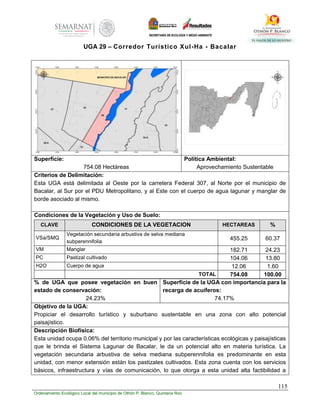 115
Ordenamiento Ecológico Local del municipio de Othón P. Blanco, Quintana Roo
UGA 29 – Corredor Turístico Xul-Ha - Bacalar
Superficie:
754.08 Hectáreas
Política Ambiental:
Aprovechamiento Sustentable
Criterios de Delimitación:
Esta UGA está delimitada al Oeste por la carretera Federal 307, al Norte por el municipio de
Bacalar, al Sur por el PDU Metropolitano, y al Este con el cuerpo de agua lagunar y manglar de
borde asociado al mismo.
Condiciones de la Vegetación y Uso de Suelo:
CLAVE CONDICIONES DE LA VEGETACION HECTAREAS %
VSa/SMQ
Vegetación secundaria arbustiva de selva mediana
subperennifolia
455.25 60.37
VM Manglar 182.71 24.23
PC Pastizal cultivado 104.06 13.80
H2O Cuerpo de agua 12.06 1.60
TOTAL 754.08 100.00
% de UGA que posee vegetación en buen
estado de conservación:
24.23%
Superficie de la UGA con importancia para la
recarga de acuíferos:
74.17%
Objetivo de la UGA:
Propiciar el desarrollo turístico y suburbano sustentable en una zona con alto potencial
paisajístico.
Descripción Biofísica:
Esta unidad ocupa 0.06% del territorio municipal y por las características ecológicas y paisajísticas
que le brinda el Sistema Lagunar de Bacalar, le da un potencial alto en materia turística. La
vegetación secundaria arbustiva de selva mediana subperennifolia es predominante en esta
unidad, con menor extensión están los pastizales cultivados. Esta zona cuenta con los servicios
básicos, infraestructura y vías de comunicación, lo que otorga a esta unidad alta factibilidad a
 