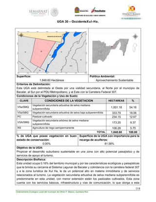 118
Ordenamiento Ecológico Local del municipio de Othón P. Blanco, Quintana Roo
UGA 30 – OccidenteXul-Ha.
Superficie:
1,848.60 Hectáreas
Política Ambiental:
Aprovechamiento Sustentable
Criterios de Delimitación:
Esta UGA está delimitada al Oeste por una vialidad secundaria, al Norte por el municipio de
Bacalar, al Sur por el PDU Metropolitano, y al Este con la Carretera Federal 307.
Condiciones de la Vegetación y Uso de Suelo:
CLAVE CONDICIONES DE LA VEGETACION HECTAREAS %
VSa/SMQ
Vegetación secundaria arbustiva de selva mediana
subperennifolia
1,001.18 54.16
VSa/SBQ Vegetación secundaria arbustiva de selva baja subperennifolia 333.79 18.06
PC Pastizal cultivado 234.15 12.67
VSA/SMQ
Vegetación secundaria arbórea de selva mediana
subperennifolia
173.20 9.37
RS Agricultura de riego semipermanente 106.28 5.75
TOTAL 1,848.60 100.00
% de UGA que posee vegetación en buen
estado de conservación:
0.00%
Superficie de la UGA con importancia para la
recarga de acuíferos:
81.58%
Objetivo de la UGA:
Propiciar el desarrollo suburbano sustentable en una zona con alto potencial paisajístico y de
servicios de apoyo al turismo.
Descripción Biofísica:
Esta unidad ocupa 0.16% del territorio municipal y por las características ecológicas y paisajísticas
que le brinda su cercanía al Sistema Lagunar de Bacalar y colindancia con la carretera federal 307
y a la zona turística de Xul Ha, le da un potencial alto en materia inmobiliaria y de servicios
relacionados al turismo. La vegetación secundaria arbustiva de selva mediana subperennifolia es
predominante en esta unidad, con menor extensión están los pastizales cultivados. Esta zona
cuenta con los servicios básicos, infraestructura y vías de comunicación, lo que otorga a esta
 
