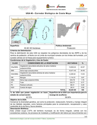 143
Ordenamiento Ecológico Local del municipio de Othón P. Blanco, Quintana Roo
UGA 40 – Corredor Biológico de Costa Maya
Superficie:
30,361.90 Hectáreas
Política Ambiental:
Protección
Criterios de Delimitación:
Para la delimitación de esta UGA se respetan los polígonos decretados de las ANPS y de los
centros de población, al Norte con el Limite de municipal noreste con los límites del humedal, y al
sureste colinda con la franja para equipamiento turístico.
Condiciones de la Vegetación y Uso de Suelo:
CLAVE CONDICIONES DE LA VEGETACION HECTAREAS %
VSa/SMQ
Vegetación secundaria arbustiva de selva mediana
subperennifolia
13,654.44 44.97
SBS Selva baja subcaducifolia 10,471.45 34.49
VSA/SMQ
Vegetación secundaria arbórea de selva mediana
subperennifolia
4,228.52 13.93
VM Manglar 1,114.31 3.67
SBQ Selva baja subperennifolia 543.79 1.79
VT Tular 232.77 0.77
PC Pastizal cultivado 88.31 0.29
H2O Cuerpo de agua 28.31 0.09
TOTAL 30,361.90 100
% de UGA que posee vegetación en buen
estado de conservación:
40.72%
Superficie de la UGA con importancia para la
recarga de acuíferos:
58.90%
Objetivo de la UGA:
Conservar la diversidad genética, así como la protección, restauración, fomento y manejo integral
de los hábitats naturales, como factores principales para la conservación, recuperación y usos
sostenible de la de flora y fauna silvestre.
Descripción Biofísica:
Esta unidad ocupa 2.57% del territorio municipal, es de forma irregular, colinda con los
ecosistemas costeros, los procesos de modelado y modificación del relieve por escurrimientos son
 