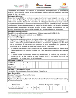 169
Ordenamiento Ecológico Local del municipio de Othón P. Blanco, Quintana Roo
conservación, su población local participa en las diferentes actividades dentro de las ANPs de
acuerdo a la normatividad vigente reconociéndoles sus derechos y obligaciones para una mejor
calidad de vida y del medio.
Descripción Biofísica:
Esta unidad ocupa 0.70% del territorio municipal, tiene forma irregular alargada y se ubica en la
zona costera de Costa Maya. En esta unidad los suelos son arenosos, poco desarrollados y
relativamente recientes. De acuerdo con el mapa de hidrología subterránea en la mayor parte de
su superficie se presenta un acuífero con material consolidado con posibilidades bajas. En orden
de importancia por su cobertura vegetal, el manglar es el más extenso y le siguen la selva baja
subcaducifolia y la vegetación secundaria arbustiva de selva mediana subperennifolia. Por sus
atributos ambientales tiene aptitud de uso del suelo para el turismo y servicios ambientales.
Descripción Socioeconómica:
Esta UGA presenta 5 localidades pequeñas con 10 habitantes en total (INEGI, 2010).
Por otra parte, la red carretera existente es de 19.22 km.
Lineamientos Ecológicos:
 Se mejora la salud del ecosistema de manglar, a través de la elaboración e implementación de
un Programa Integral de Conservación, Restauración o Rehabilitación del Humedal por parte
de los 3 órdenes de gobierno en forma coordinada, considerando la participación obligatoria
de los propietarios de los terrenos con presencia de dicho ecosistema para garantizar la
continuidad de los procesos de interacción entre el manglar y el arrecife.
 Se fomenta el ecoturismo como actividad de bajo impacto compatible con la presencia de
manglar en al menos un 5% de la superficie total, como alternativa económica productiva para
la zona.
 El umbral máximo de desmonte será el que establezca y se justifique, de acuerdo a lo
establecido por la Ley General de Vida Silvestre (LGVS), únicamente con fines de
restauración y de infraestructura de obras públicas.
Estrategias Ecológicas:
CONAFOR 3 4 5
CONANP 1
SEMARNAT 1 2
Recursos y Procesos Prioritarios:
Humedales, Cuerpos de agua, Cobertura forestal, Flora y fauna.
Usos Compatibles:
Servicios Ambientales y Turismo Alternativo.
Usos Incompatibles:
Agropecuario, Acuacultura, Desarrollo Suburbano, Desarrollo Urbano, Forestal, Transformación y
Turismo Convencional
Componente Clave Criterios de Regulación Ecológica
Aprovechamiento Sustentable
de los Recursos Naturales
AS 06 36 49
 