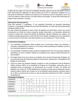 172
Ordenamiento Ecológico Local del municipio de Othón P. Blanco, Quintana Roo
turístico de sol y playa, así como de su población asociada, para la zona Sur del estado. El 63 %
está conformado por vegetación de selva mientras que el 28.5 % representa manglares con un
alto grado de afectación o deterioro por efecto de los huracanes que han impactado la zona, así
como por rellenos y obstrucciones a los flujos hídricos del manglar. Su litoral está conformado por
playas mixtas (arenosas y rocosas).
Descripción Socioeconómica:
Esta UGA presenta 11 localidades, 10 son pequeñas (rancherías y/o pequeños desarrollos
turísticos), y la localidad de Mahahual que posee 920 habitantes. En total, esta UGA presenta 992
habitantes (INEGI, 2010).
En esta unidad está planeado el mayor centro de población de Costa Maya, mismo que cuenta
actualmente con muelle de cruceros, pequeños locales comerciales y una aeropista, además de
ubicarse la actual zona urbana del poblado de Mahahual. Algunos habitantes aun realizan una
incipiente actividad agropecuaria (1.22% del total de la Unidad), catalogada como de subsistencia
y consumo local. Por otra parte, esta UGA presenta una red carretera de 17.65 km lineales.
Lineamientos Ecológicos:
 Las autoridades competentes deben propiciar que el crecimiento urbano sea ordenado y
compacto y estableciendo al menos 12 m2
de áreas verdes accesibles por habitante, acorde a
la normatividad vigente en la materia.
 Las autoridades competentes deben propiciar el tratamiento del 100 % de las aguas residuales
domésticas, así como la gestión integral de la totalidad de los residuos sólidos generados en
esta localidad.
 El manglar dentro de la zona urbana se considera como zona de Conservación Ecológica, por
lo que formará parte del Programa Integral de Conservación, Restauración o Rehabilitación del
Manglar de Costa Maya.
 Todos los centros de población deberán considerar un sitio de disposición final de Residuos
Sólidos Urbanos (RSU) en la modalidad de Parques de Tecnologías, adecuados para su
capacidad futura de generación, en proyecciones de al menos 15 años. Los centros de
población con menos de 15,000 habitantes que carezcan de sitios para la disposición final de
residuos sólidos urbanos que cumplan con la normatividad vigente deberán considerar dentro
de su PDU, la presencia de al menos un sitio de disposición temporal de los RSU, o terminal
de trasferencia.
Estrategias Ecológicas:
CONAFOR 3 5 6
CONAGUA 3 5 6
SAGARPA 6
SEDATU 1 2 3 4 10 11 12
SEDESOL 2 3 4
SEMARNAT 1 2 3 4 5
 