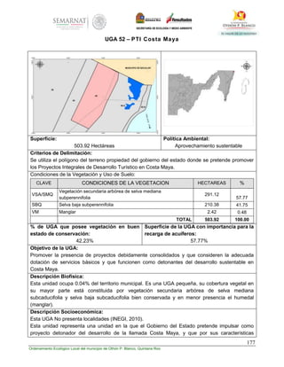 177
Ordenamiento Ecológico Local del municipio de Othón P. Blanco, Quintana Roo
UGA 52 – PTI Costa Maya
Superficie:
503.92 Hectáreas
Política Ambiental:
Aprovechamiento sustentable
Criterios de Delimitación:
Se utiliza el polígono del terreno propiedad del gobierno del estado donde se pretende promover
los Proyectos Integrales de Desarrollo Turístico en Costa Maya.
Condiciones de la Vegetación y Uso de Suelo:
CLAVE CONDICIONES DE LA VEGETACION HECTAREAS %
VSA/SMQ
Vegetación secundaria arbórea de selva mediana
subperennifolia
291.12
57.77
SBQ Selva baja subperennifolia 210.38 41.75
VM Manglar 2.42 0.48
TOTAL 503.92 100.00
% de UGA que posee vegetación en buen
estado de conservación:
42.23%
Superficie de la UGA con importancia para la
recarga de acuíferos:
57.77%
Objetivo de la UGA:
Promover la presencia de proyectos debidamente consolidados y que consideren la adecuada
dotación de servicios básicos y que funcionen como detonantes del desarrollo sustentable en
Costa Maya.
Descripción Biofísica:
Esta unidad ocupa 0.04% del territorio municipal. Es una UGA pequeña, su cobertura vegetal en
su mayor parte está constituida por vegetación secundaria arbórea de selva mediana
subcaducifolia y selva baja subcaducifolia bien conservada y en menor presencia el humedal
(manglar).
Descripción Socioeconómica:
Esta UGA No presenta localidades (INEGI, 2010).
Esta unidad representa una unidad en la que el Gobierno del Estado pretende impulsar como
proyecto detonador del desarrollo de la llamada Costa Maya, y que por sus características
 