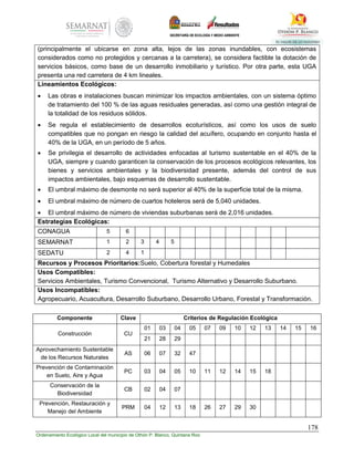 178
Ordenamiento Ecológico Local del municipio de Othón P. Blanco, Quintana Roo
(principalmente el ubicarse en zona alta, lejos de las zonas inundables, con ecosistemas
considerados como no protegidos y cercanas a la carretera), se considera factible la dotación de
servicios básicos, como base de un desarrollo inmobiliario y turístico. Por otra parte, esta UGA
presenta una red carretera de 4 km lineales.
Lineamientos Ecológicos:
 Las obras e instalaciones buscan minimizar los impactos ambientales, con un sistema óptimo
de tratamiento del 100 % de las aguas residuales generadas, así como una gestión integral de
la totalidad de los residuos sólidos.
 Se regula el establecimiento de desarrollos ecoturísticos, así como los usos de suelo
compatibles que no pongan en riesgo la calidad del acuífero, ocupando en conjunto hasta el
40% de la UGA, en un período de 5 años.
 Se privilegia el desarrollo de actividades enfocadas al turismo sustentable en el 40% de la
UGA, siempre y cuando garanticen la conservación de los procesos ecológicos relevantes, los
bienes y servicios ambientales y la biodiversidad presente, además del control de sus
impactos ambientales, bajo esquemas de desarrollo sustentable.
 El umbral máximo de desmonte no será superior al 40% de la superficie total de la misma.
 El umbral máximo de número de cuartos hoteleros será de 5,040 unidades.
 El umbral máximo de número de viviendas suburbanas será de 2,016 unidades.
Estrategias Ecológicas:
CONAGUA 5 6
SEMARNAT 1 2 3 4 5
SEDATU 2 4 1
Recursos y Procesos Prioritarios:Suelo, Cobertura forestal y Humedales
Usos Compatibles:
Servicios Ambientales, Turismo Convencional, Turismo Alternativo y Desarrollo Suburbano.
Usos Incompatibles:
Agropecuario, Acuacultura, Desarrollo Suburbano, Desarrollo Urbano, Forestal y Transformación.
Componente Clave Criterios de Regulación Ecológica
Construcción CU
01 03 04 05 07 09 10 12 13 14 15 16
21 28 29
Aprovechamiento Sustentable
de los Recursos Naturales
AS 06 07 32 47
Prevención de Contaminación
en Suelo, Aire y Agua
PC 03 04 05 10 11 12 14 15 18
Conservación de la
Biodiversidad
CB 02 04 07
Prevención, Restauración y
Manejo del Ambiente
PRM 04 12 13 18 26 27 29 30
 