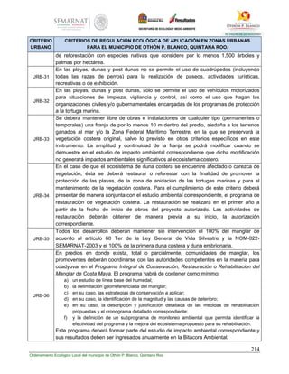 214
Ordenamiento Ecológico Local del municipio de Othón P. Blanco, Quintana Roo
CRITERIO
URBANO
CRITERIOS DE REGULACIÓN ECOLÓGICA DE APLICACIÓN EN ZONAS URBANAS
PARA EL MUNICIPIO DE OTHÓN P. BLANCO, QUINTANA ROO.
de reforestación con especies nativas que considere por lo menos 1,500 árboles y
palmas por hectárea.
URB-31
En las playas, dunas y post dunas no se permite el uso de cuadrúpedos (incluyendo
todas las razas de perros) para la realización de paseos, actividades turísticas,
recreativas o de exhibición.
URB-32
En las playas, dunas y post dunas, sólo se permite el uso de vehículos motorizados
para situaciones de limpieza, vigilancia y control, así como el uso que hagan las
organizaciones civiles y/o gubernamentales encargadas de los programas de protección
a la tortuga marina.
URB-33
Se deberá mantener libre de obras e instalaciones de cualquier tipo (permanentes o
temporales) una franja de por lo menos 10 m dentro del predio, aledaña a los terrenos
ganados al mar y/o la Zona Federal Marítimo Terrestre, en la que se preservará la
vegetación costera original, salvo lo previsto en otros criterios específicos en este
instrumento. La amplitud y continuidad de la franja se podrá modificar cuando se
demuestre en el estudio de impacto ambiental correspondiente que dicha modificación
no generará impactos ambientales significativos al ecosistema costero.
URB-34
En el caso de que el ecosistema de duna costera se encuentre afectado o carezca de
vegetación, ésta se deberá restaurar o reforestar con la finalidad de promover la
protección de las playas, de la zona de anidación de las tortugas marinas y para el
mantenimiento de la vegetación costera. Para el cumplimiento de este criterio deberá
presentar de manera conjunta con el estudio ambiental correspondiente, el programa de
restauración de vegetación costera. La restauración se realizará en el primer año a
partir de la fecha de inicio de obras del proyecto autorizado. Las actividades de
restauración deberán obtener de manera previa a su inicio, la autorización
correspondiente.
URB-35
Todos los desarrollos deberán mantener sin intervención el 100% del manglar de
acuerdo al artículo 60 Ter de la Ley General de Vida Silvestre y la NOM-022-
SEMARNAT-2003 y el 100% de la primera duna costera y duna embrionaria.
URB-36
En predios en donde exista, total o parcialmente, comunidades de manglar, los
promoventes deberán coordinarse con las autoridades competentes en la materia para
coadyuvar en el Programa Integral de Conservación, Restauración o Rehabilitación del
Manglar de Costa Maya. El programa habrá de contener como mínimo:
a) un estudio de línea base del humedal;
b) la delimitación georreferenciada del manglar;
c) en su caso, las estrategias de conservación a aplicar;
d) en su caso, la identificación de la magnitud y las causas de deterioro;
e) en su caso, la descripción y justificación detallada de las medidas de rehabilitación
propuestas y el cronograma detallado correspondiente;
f) y la definición de un subprograma de monitoreo ambiental que permita identificar la
efectividad del programa y la mejora del ecosistema propuesto para su rehabilitación.
Este programa deberá formar parte del estudio de impacto ambiental correspondiente y
sus resultados deben ser ingresados anualmente en la Bitácora Ambiental.
 