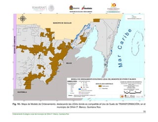 30
Ordenamiento Ecológico Local del municipio de Othón P. Blanco, Quintana Roo
Fig. 10.- Mapa de Modelo de Ordenamiento, destacando las UGAs donde es compatible el Uso de Suelo de TRANSFORMACIÓN, en el
municipio de Othón P. Blanco, Quintana Roo.
 