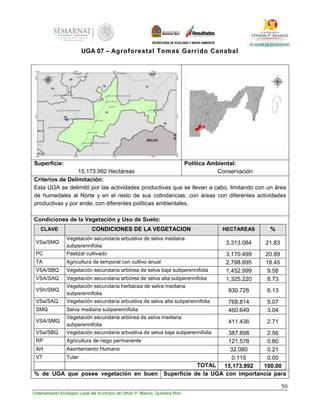 50
Ordenamiento Ecológico Local del municipio de Othón P. Blanco, Quintana Roo
UGA 07 – Agroforestal Tomas Garrido Canabal
Superficie:
15,173.992 Hectáreas
Política Ambiental:
Conservación
Criterios de Delimitación:
Esta UGA se delimitó por las actividades productivas que se llevan a cabo, limitando con un área
de humedales al Norte y en el resto de sus colindancias, con áreas con diferentes actividades
productivas y por ende, con diferentes políticas ambientales.
Condiciones de la Vegetación y Uso de Suelo:
CLAVE CONDICIONES DE LA VEGETACION HECTAREAS %
VSa/SMQ
Vegetación secundaria arbustiva de selva mediana
subperennifolia
3,313.084 21.83
PC Pastizal cultivado 3,170.499 20.89
TA Agricultura de temporal con cultivo anual 2,798.895 18.45
VSA/SBQ Vegetación secundaria arbórea de selva baja subperennifolia 1,452.999 9.58
VSA/SAQ Vegetación secundaria arbórea de selva alta subperennifolia 1,325.220 8.73
VSh/SMQ
Vegetación secundaria herbácea de selva mediana
subperennifolia
930.726 6.13
VSa/SAQ Vegetación secundaria arbustiva de selva alta subperennifolia 768.814 5.07
SMQ Selva mediana subperennifolia 460.649 3.04
VSA/SMQ
Vegetación secundaria arbórea de selva mediana
subperennifolia
411.436 2.71
VSa/SBQ Vegetación secundaria arbustiva de selva baja subperennifolia 387.898 2.56
RP Agricultura de riego permanente 121.578 0.80
AH Asentamiento Humano 32.080 0.21
VT Tular 0.115 0.00
TOTAL 15,173.992 100.00
% de UGA que posee vegetación en buen Superficie de la UGA con importancia para
 