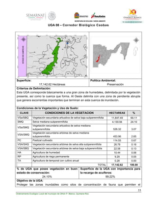 53
Ordenamiento Ecológico Local del municipio de Othón P. Blanco, Quintana Roo
UGA 08 – Corredor Biológico Caobas
Superficie:
17,142.62 Hectáreas
Política Ambiental:
Preservación
Criterios de Delimitación:
Esta UGA corresponde básicamente a una gran zona de humedales, delimitada por la vegetación
presente, así como la cuenca que forma. Al Oeste delimita con una zona de pendiente abrupta
que genera escorrentías importantes que terminan en esta cuenca de inundación.
Condiciones de la Vegetación y Uso de Suelo:
CLAVE CONDICIONES DE LA VEGETACION HECTAREAS %
VSa/SBQ Vegetación secundaria arbustiva de selva baja subperennifolia 11,847.49 69.11
SMQ Selva mediana subperennifolia 4,130.94 24.10
VSa/SMQ
Vegetación secundaria arbustiva de selva mediana
subperennifolia 526.32 3.07
VSA/SMQ
Vegetación secundaria arbórea de selva mediana
subperennifolia 453.96 2.65
PC Pastizal cultivado 114.55 0.67
VSA/SAQ Vegetación secundaria arbórea de selva alta subperennifolia 26.78 0.16
VSA/SBQ Vegetación secundaria arbórea de selva baja subperennifolia 22.58 0.13
HA Agricultura de humedad 10.44 0.06
RP Agricultura de riego permanente 9.29 0.05
TA Agricultura de temporal con cultivo anual 0.28 0.00
TOTAL 17,142.62 100.00
% de UGA que posee vegetación en buen
estado de conservación:
24.10%
Superficie de la UGA con importancia para
la recarga de acuíferos:
99.22%
Objetivo de la UGA:
Proteger las zonas inundables como sitos de concentración de fauna que permiten el
 