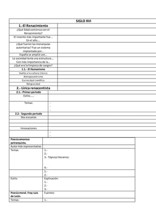 SIGLO XVI
1.-El Renacimiento
¿Qué Edad comienza con el
Renacimiento?
El invento más importante fue...
En el año….
¿Qué fueron las monarquías
autoritarias? Fue un sistema
implantado por…
España se amplió con…
La sociedad tenía una estructura….
Con más importancia de la…
¿Qué era la limpieza de sangre?
1.1.- El Humanismo
Vuelta a la cultura clásica
Antropocentrismo
Curiosidad científica
Religiosidad
2.- Lírica renacentista
2.1.- Primer periodo
Estilo……
Temas: -
-
-
2.2.- Segundo periodo
Dos escuelas
Innovaciones
-
-
Poesíaamorosa
petrarquista.
Autormás representativo
Temas 1.-
2.-
3.- Tópicosliterarios:
4.-
1.-
2.-
Estilo Explicación:
1.-
2.-
3.-
Poesíamoral. Fray Luis
de León.
Fuentes:
Temas: 1.-