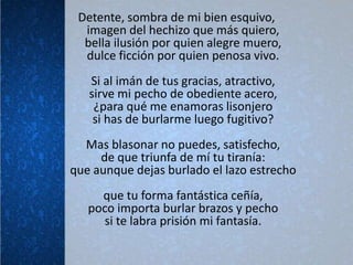 Detente, sombra de mi bien esquivo,
  imagen del hechizo que más quiero,
  bella ilusión por quien alegre muero,
  dulce ficción por quien penosa vivo.
   Si al imán de tus gracias, atractivo,
   sirve mi pecho de obediente acero,
    ¿para qué me enamoras lisonjero
    si has de burlarme luego fugitivo?
  Mas blasonar no puedes, satisfecho,
     de que triunfa de mí tu tiranía:
que aunque dejas burlado el lazo estrecho
     que tu forma fantástica ceñía,
   poco importa burlar brazos y pecho
     si te labra prisión mi fantasía.
 
