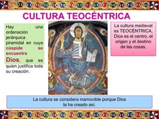 CULTURA TEOCÉNTRICA
Hay           una                                     La cultura medieval
ordenación                                            es TEOCÉNTRICA,
jerárquica                                            Dios es el centro, el
piramidal en cuya                                      origen y el destino
cúspide        se                                         de las cosas.
encuentra                                                       .
Dios,      que es
quien justifica toda
su creación.




              La cultura se considera inamovible porque Dios
                              la ha creado así.
 