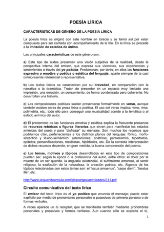 1
POESÍA LÍRICA
CARACTERÍSTICAS DE GÉNERO DE LA POESÍA LÍRICA
La poesía lírica se originó con este nombre en Grecia y se llamó así por estar
compuesta para ser cantada con acompañamiento de la lira. En la lírica se procede
a la imitación de estados de ánimo.
Las principales características de este género son:
a) Este tipo de textos presentan una visión subjetiva de la realidad, desde la
perspectiva interna del emisor, que expresa sus vivencias, sus experiencias y
sentimientos a través del yo poético. Predominan, por tanto, en ellos las funciones
expresiva o emotiva y poética o estética del lenguaje, aparte siempre de la casi
omnipresente referencial o representativa.
b) Los textos líricos se caracterizan por su brevedad, en comparación con la
narrativa o la dramática. Tratan de presentar en un espacio muy limitado una
impresión, una emoción, un pensamiento, de forma condensada pero coherente. No
desarrollan una historia.
c) Las composiciones poéticas suelen presentarse formalmente en verso, aunque
también existen obras de prosa lírica o poética. El uso del verso implica ritmo, rima,
polimetría, etc.; todo ello para conseguir una musicalidad acorde a la temática o al
estado anímico del autor.
d) El predominio de las funciones emotiva y estética explica la frecuente presencia
de recursos retóricos o figuras literarias que sirven para manifestar los estados
anímicos del poeta y para “disfrazar” su mensaje. Son muchos los recursos que
podríamos citar, pertenecientes a los distintos planos del lenguaje: fónico, morfo-
sintáctico y léxico-semántico: aliteraciones; anáforas, paralelismos, hipérbatos,
epítetos; personificaciones, metáforas, hipérboles, etc. De la correcta interpretación
de dichos recursos depende, en gran medida, la buena comprensión del poema.
e) Los temas, motivos y tópicos desarrollados en este tipo de composiciones
pueden ser, según la época o la preferencia del autor, entre otros: el dolor por la
muerte de un ser querido, la angustia existencial, el sufrimiento amoroso, el sentir
religioso, la exaltación de la naturaleza, la creación poética, etc. Algunos de los
tópicos relacionados con estos temas son: el “locus amoenus”, “carpe diem”, “beatus
ille”, etc.
http://www.iesjuandearejula.com/descargas/actividades/311.pdf
Circuito comunicativo del texto lírico
El emisor del texto lírico es el yo poético que enuncia el mensaje; puede estar
explícito por medio de pronombres personales o posesivos de primera persona o de
formas verbales.
A veces aparece un tú receptor, que se manifiesta también mediante pronombres
personales y posesivos y formas verbales. Aun cuando sólo se explicite el tú,
 