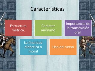 Características

                                 Importancia de
Estructura         Carácter
                                  la transmisión
 métrica.          anónimo
                                        oral.

        La finalidad
        didáctica o      Uso del verso
           moral
 